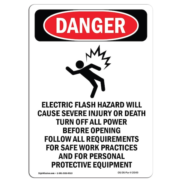Safety Sign, OSHA Danger, 5" Height, Electric Flash Hazard, Portrait, 10PK